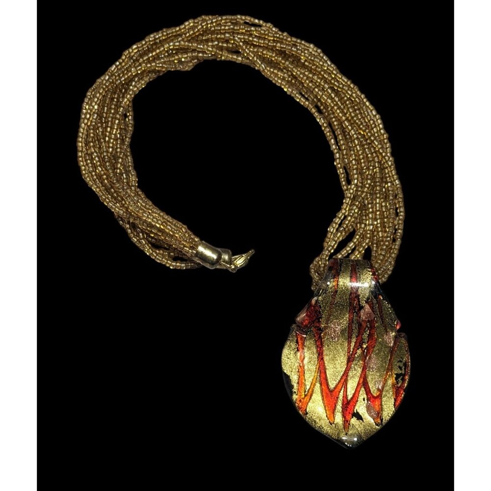 Fiery Red And Gold Tone Art Glass Pendant With Multistrand Glass Beads